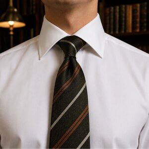 Kiton Napoli Olive Green ReppTie with Rust and Off White Stripes